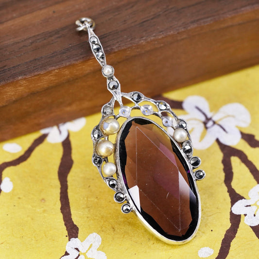 Vintage sterling 925 silver handmade pendant with smoky quartz and pearl