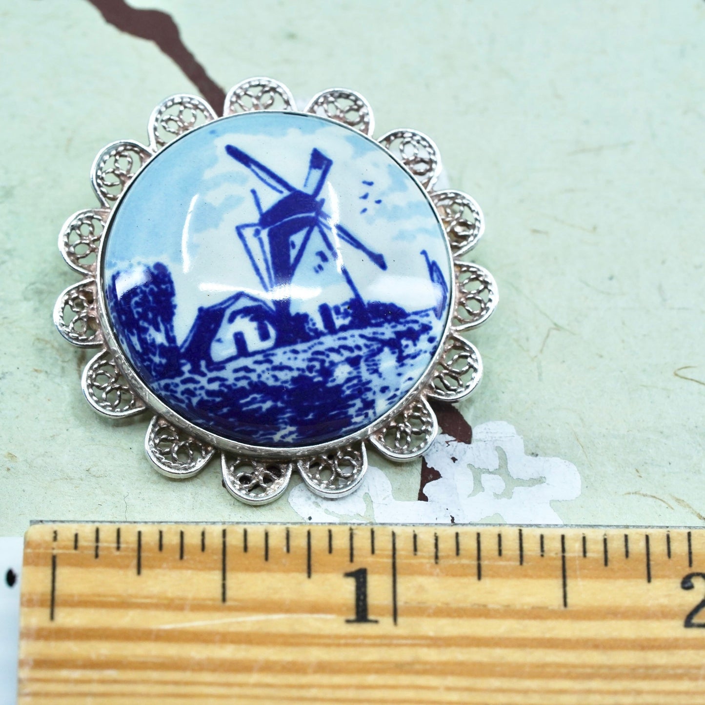 Delfts Holland, sterling silver 925 handmade filigree brooch pottery windmills