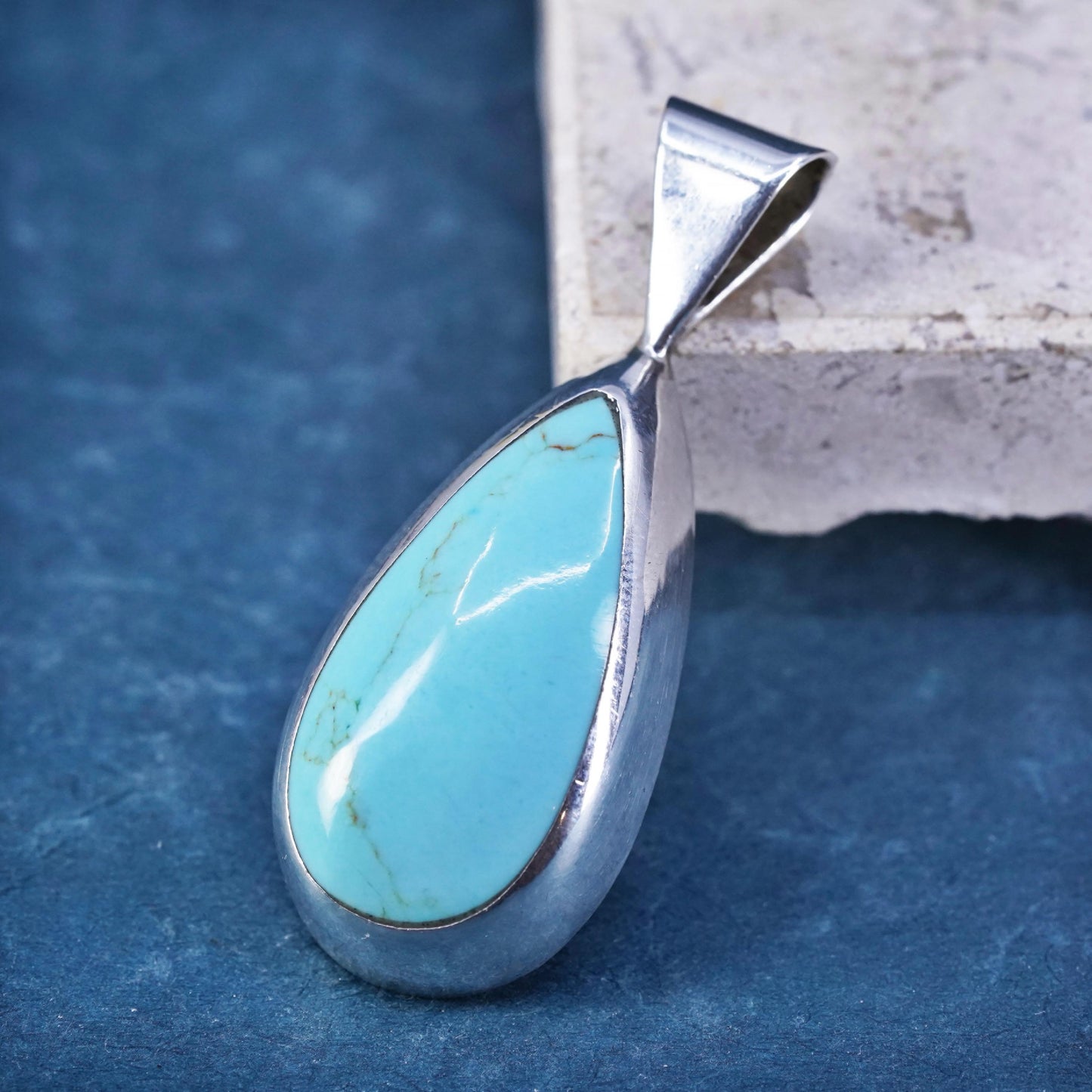 Vintage Mexican Sterling silver handmade pendant, 925 teardrop with turquoise