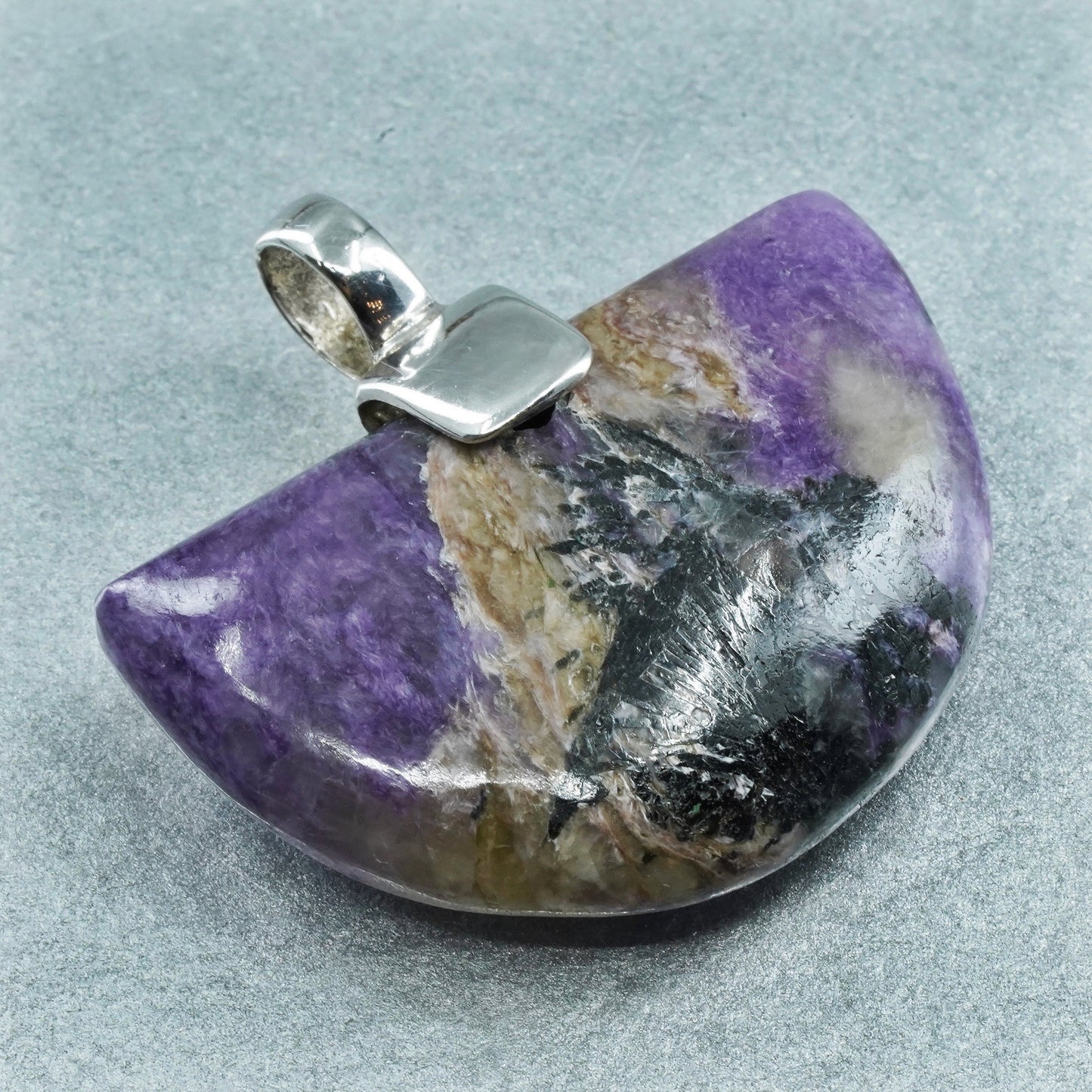 vintage sterling 925 silver handmade half fan pendant with charoite