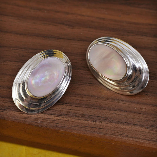 Vintage Sterling silver handmade earrings, 925 oval studs pink mother of pearl