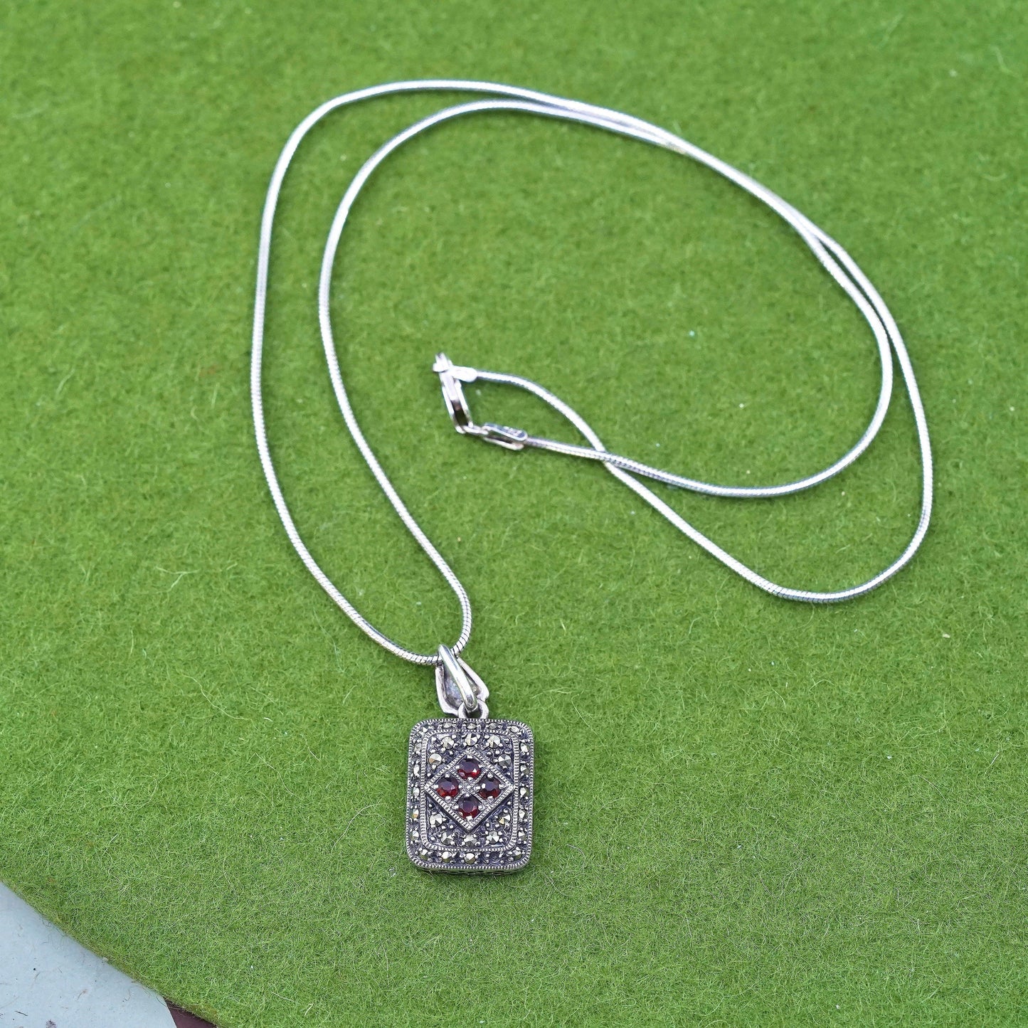 18", sterling 925 silver necklace, snake chain square marcasite garnet pendant