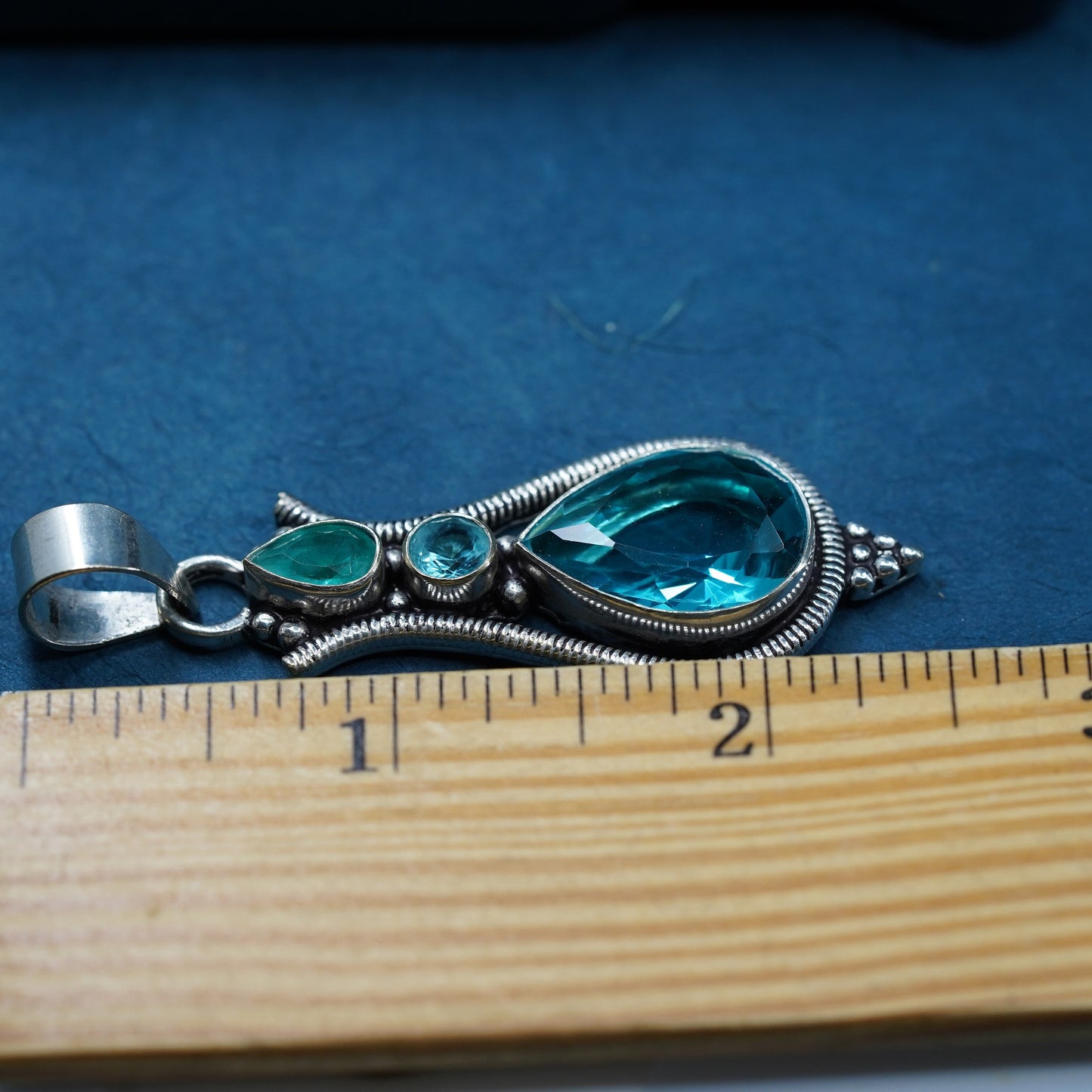 Vintage Sterling silver handmade pendant, 925 teardrop with blue topaz cable