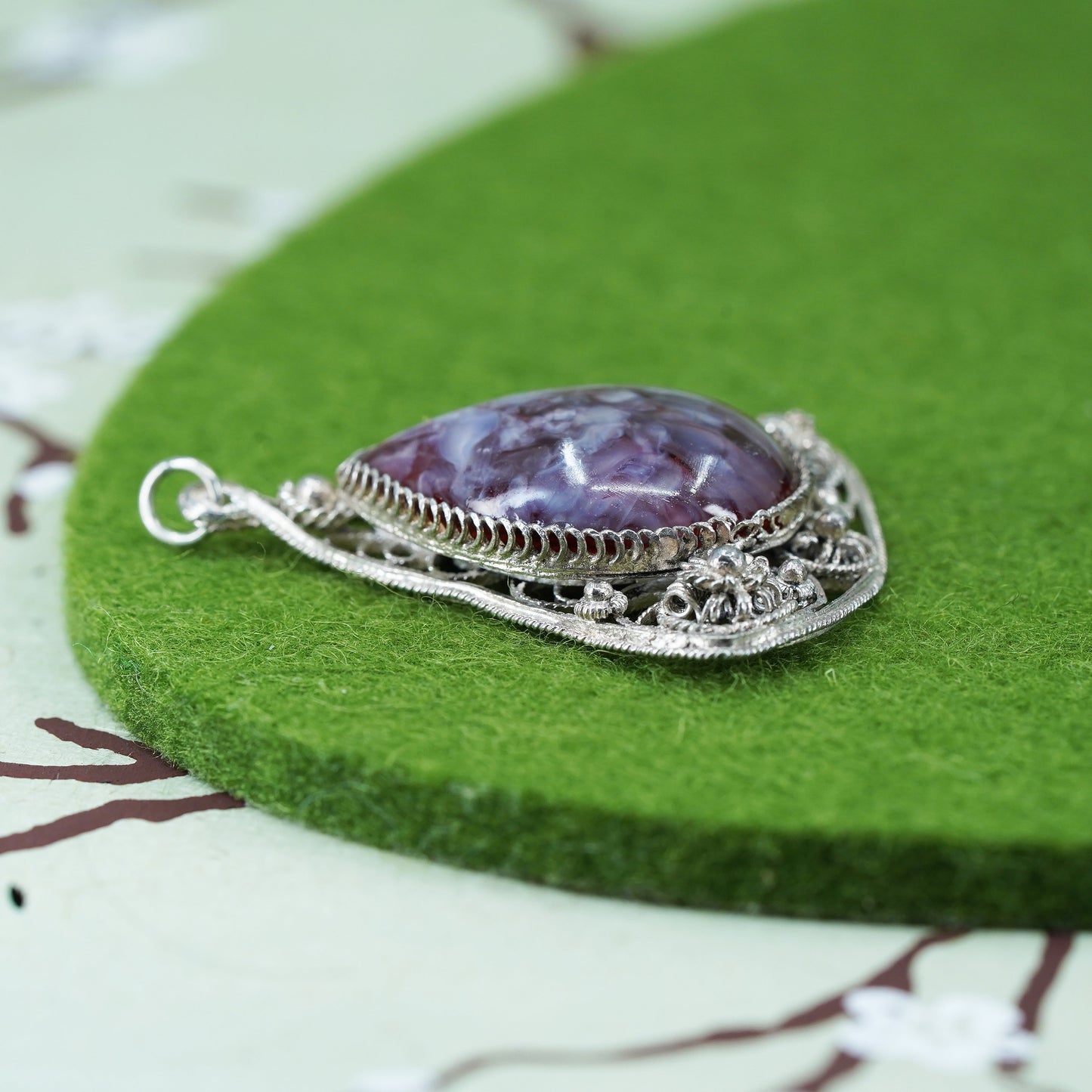 sterling silver 925 handmade filigree pendant with teardrop agate and flower