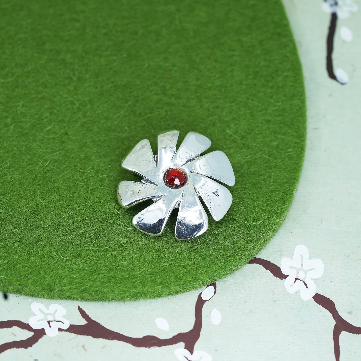 Vintage sterling silver handmade flower brooch, 925 pin with red cz