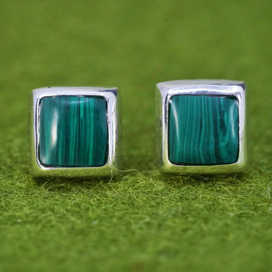 Vintage southwestern Sterling silver earrings, 925 square studs malachite