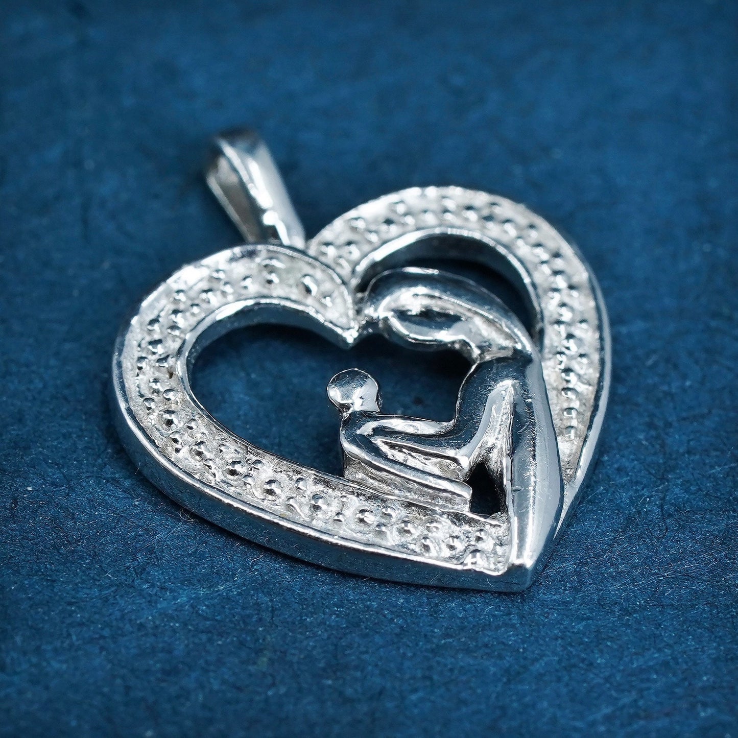 Sterling silver handmade prayer pendant, 925 mother and baby heart with diamond