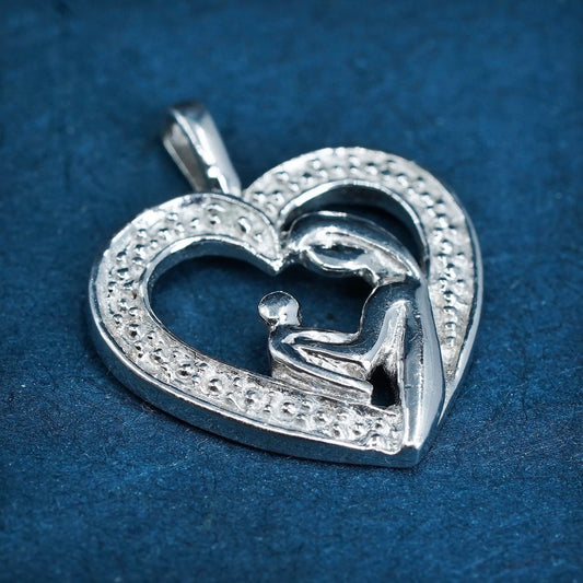 Sterling silver handmade prayer pendant, 925 mother and baby heart with diamond