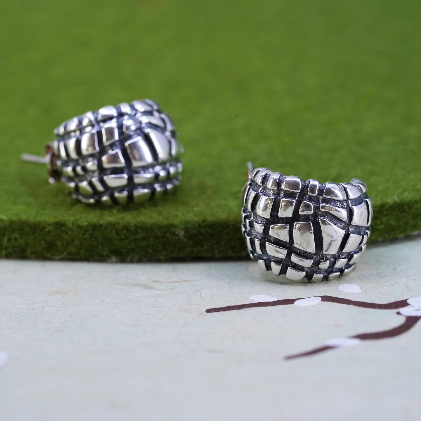 0.75”, Vintage Sterling silver handmade earrings, 925 textured Huggie studs