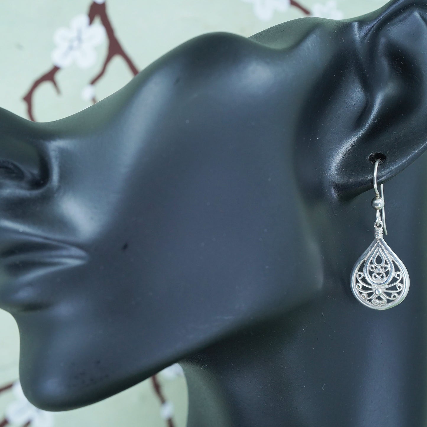 Vintage sterling silver handmade earrings, 925 filigree teardrop