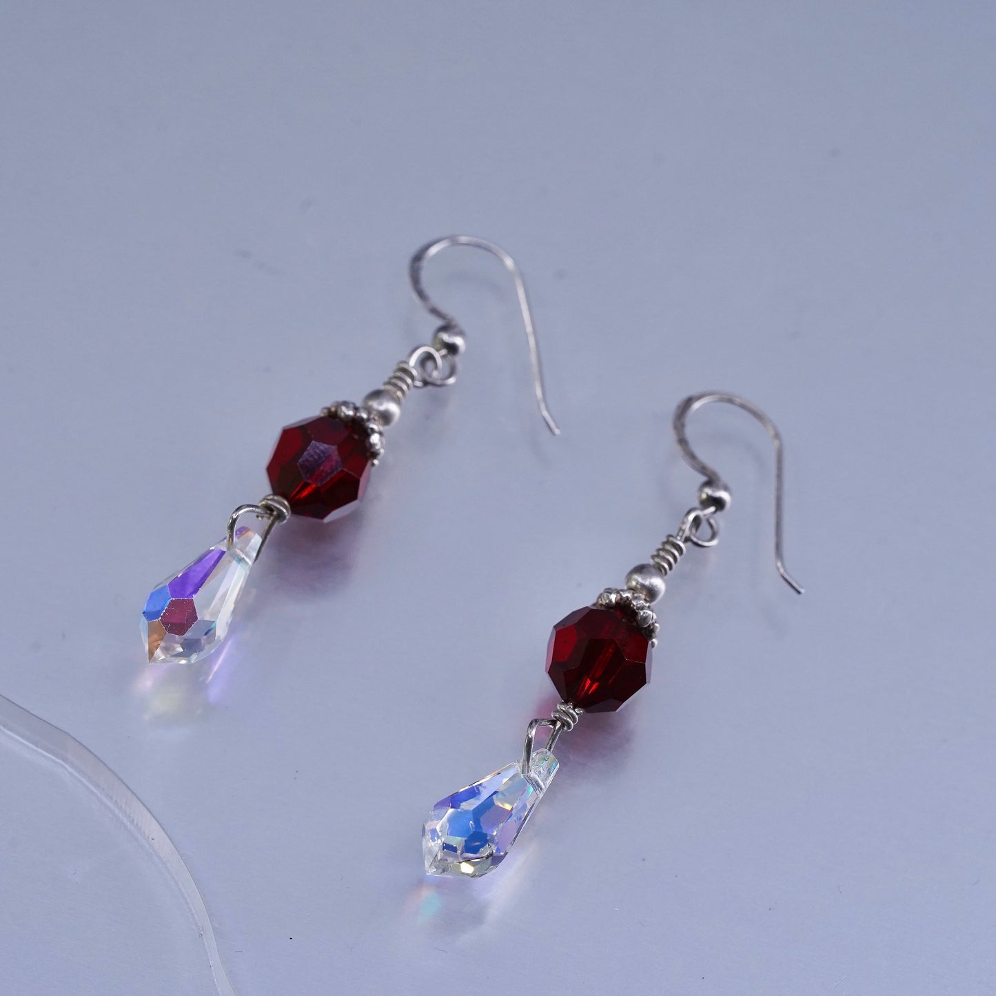 Vintage Sterling 925 silver earrings with ruby and teardrop crystal