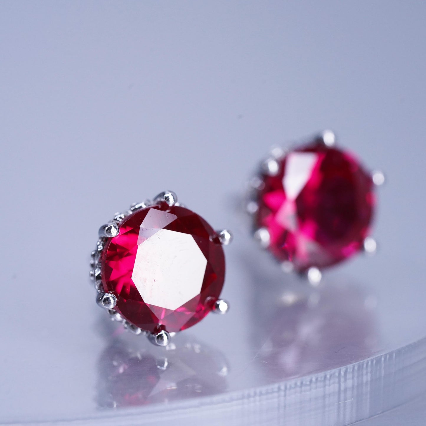 Vintage Sterling 925 silver handmade earrings, studs with ruby cz on the side