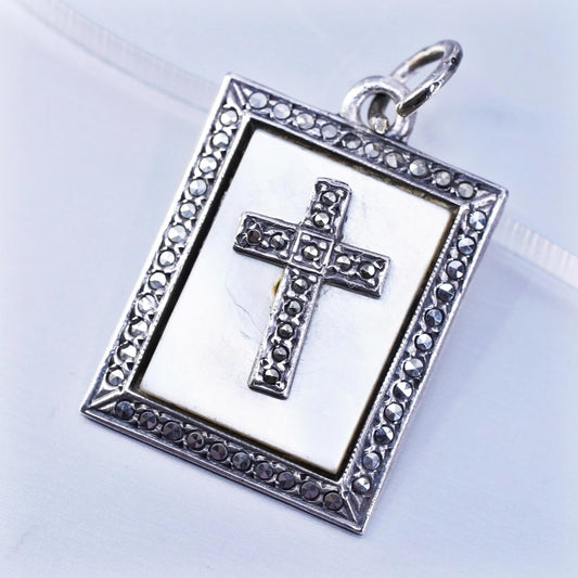 Sterling silver 925 handmade cross pendant with mother of pearl and Marcasite