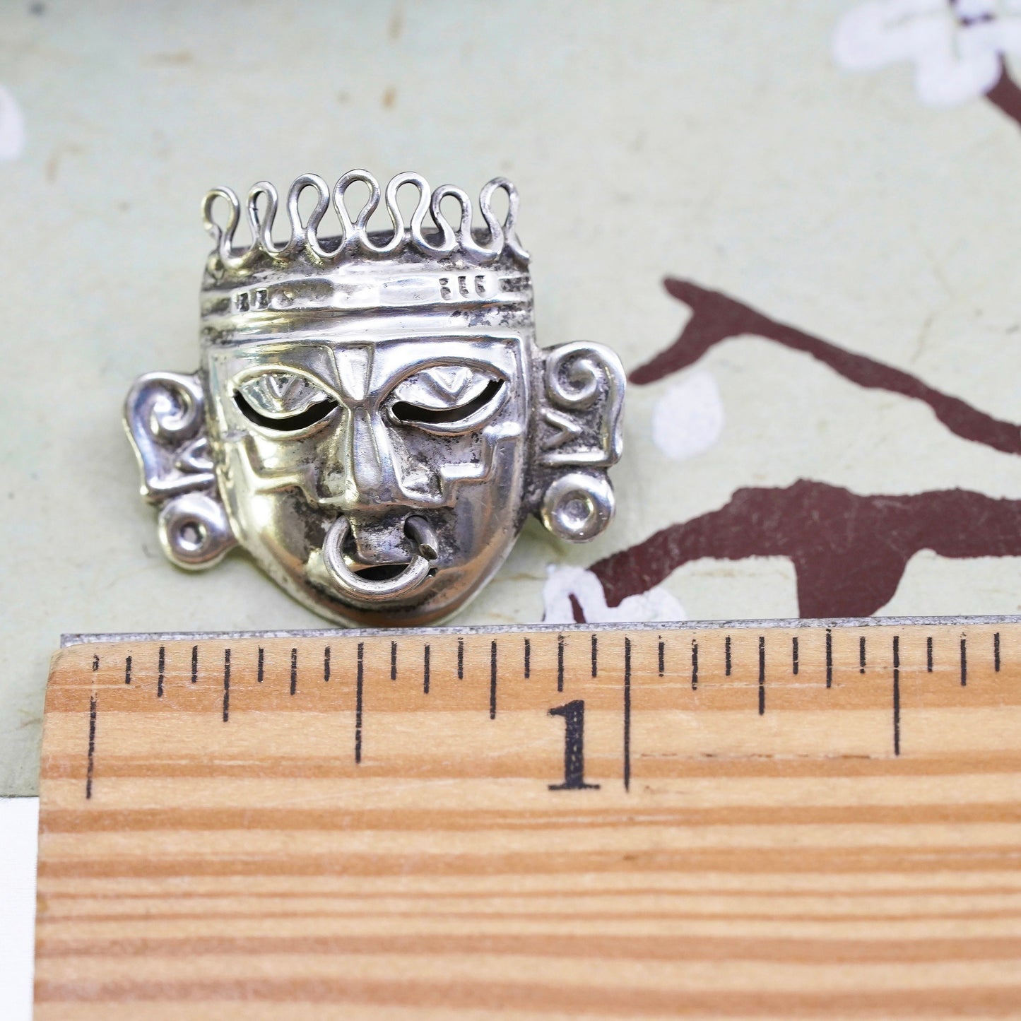 Mexican Mayan Sterling silver handmade pin, 925 Ancient warrior face pendant