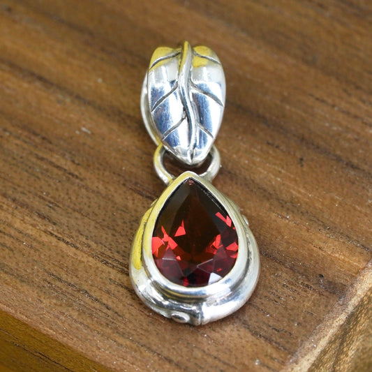 Vintage JGD sterling silver hammered leafy pendant with teardrop ruby