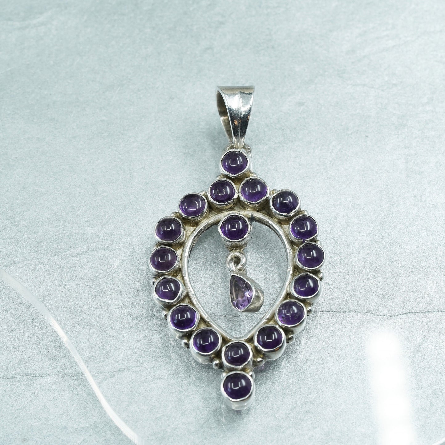 Vintage sterling 925 silver handmade huge teardrop pendant with amethyst