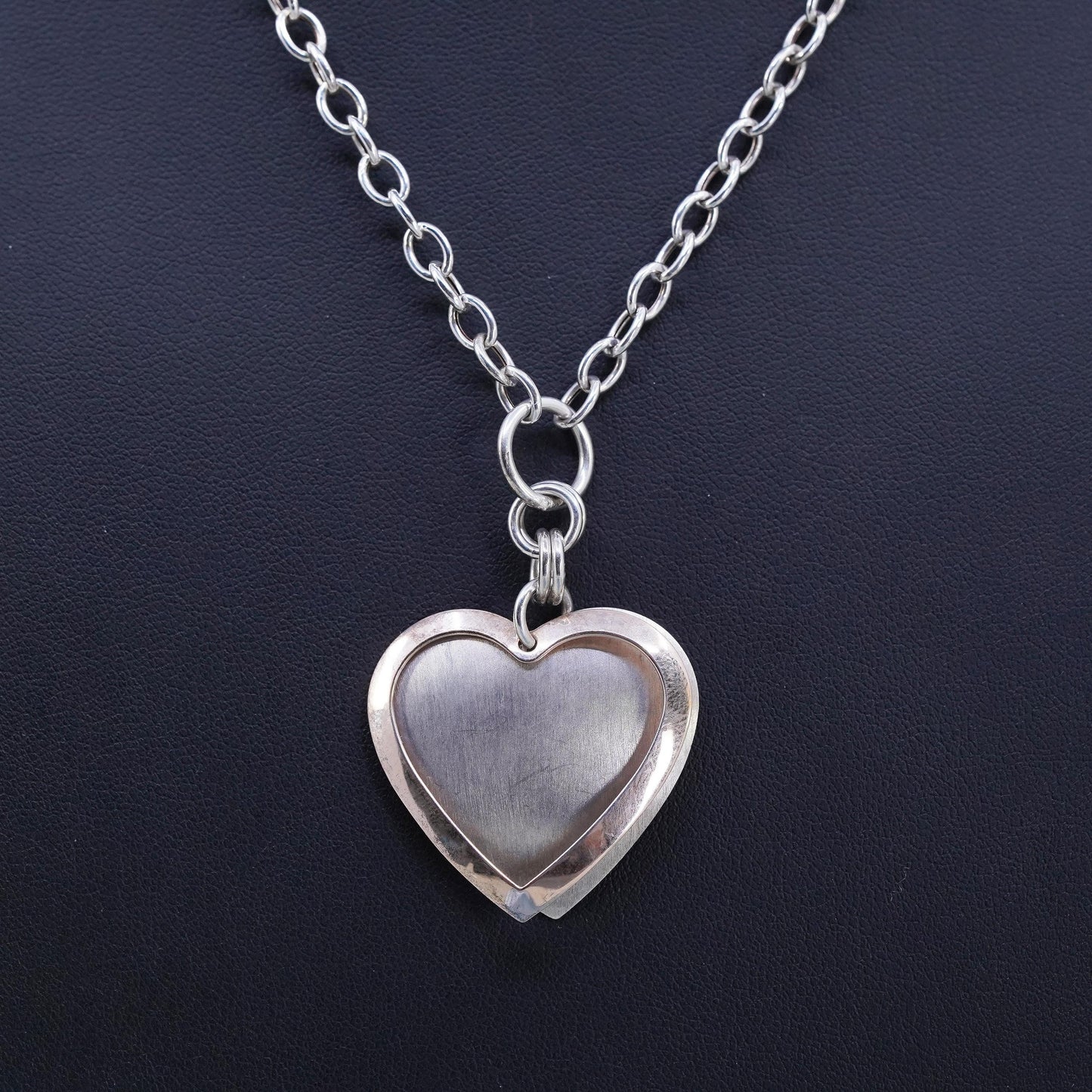 18", vintage sterling silver necklace, 925 circle two tone double heart Pendant