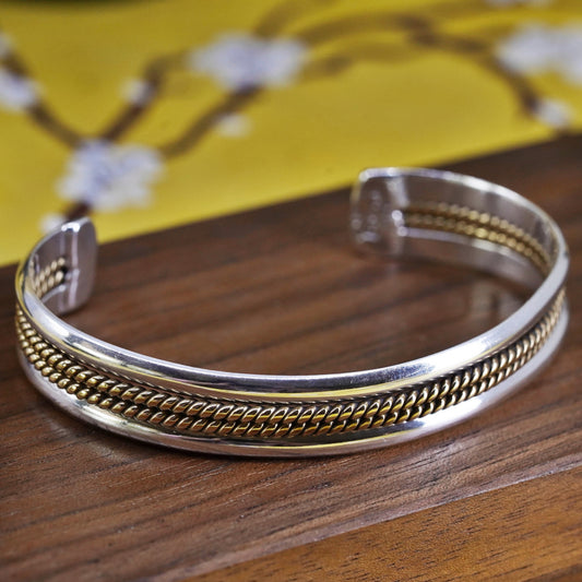 6.5”, two tone Mexican Sterling silver handmade bracelet, 925 cuff brass cable
