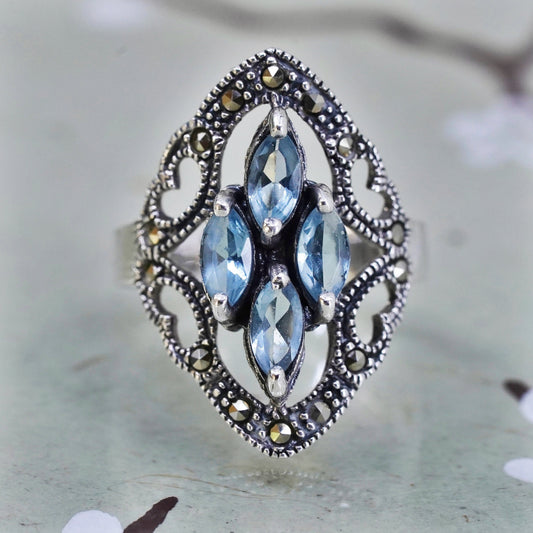 Size 6, Sterling 925 silver handmade ring with blue Crystal and marcasite
