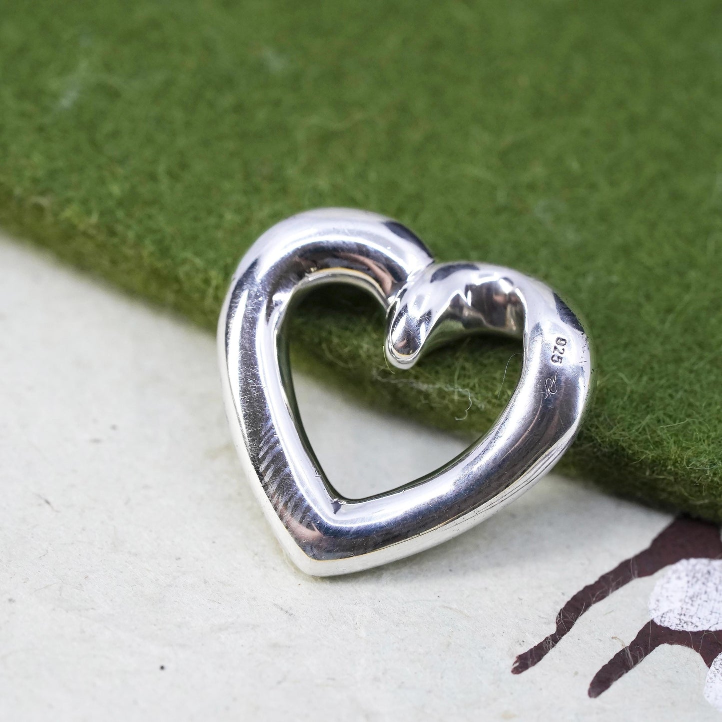 Vintage handmade sterling silver heart shaped pendant, solid 925 silver charm