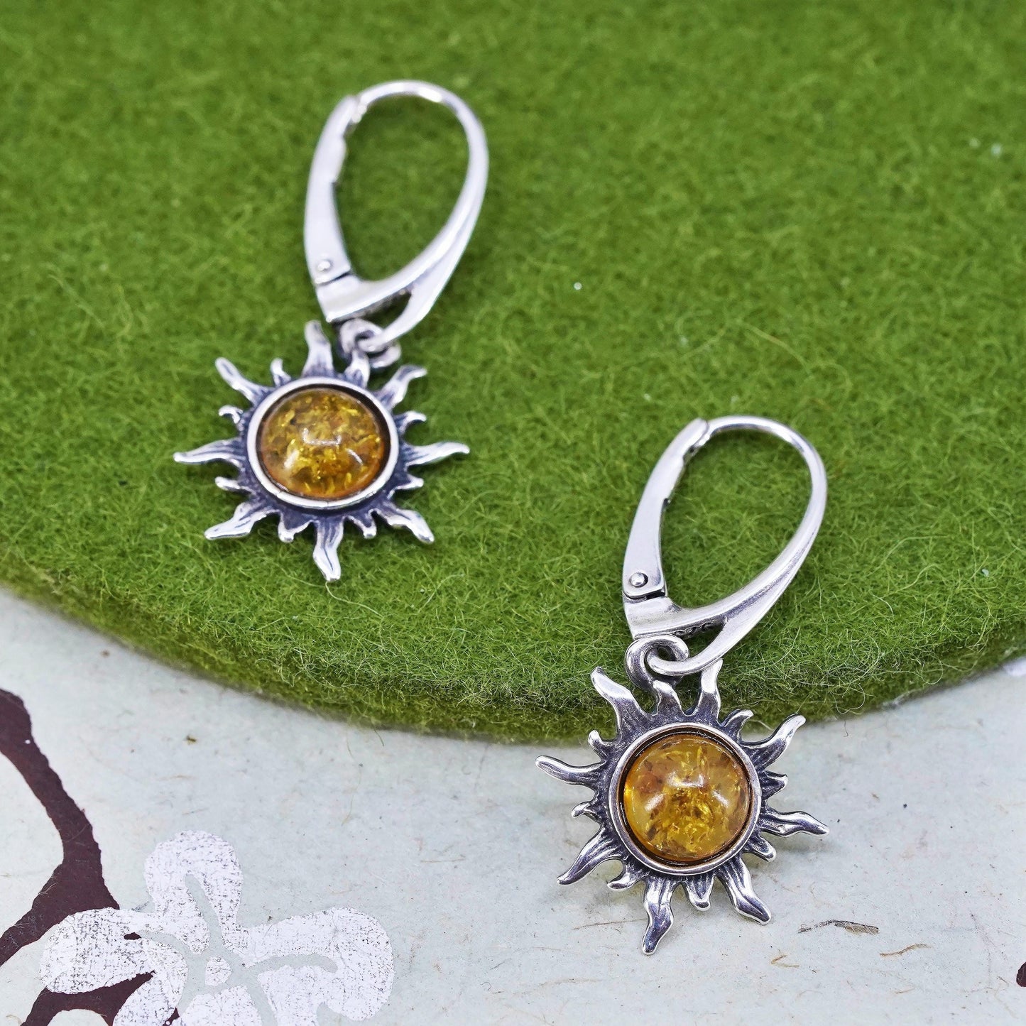 Vintage sterling 925 silver handmade Amber sun earrings with honey amber