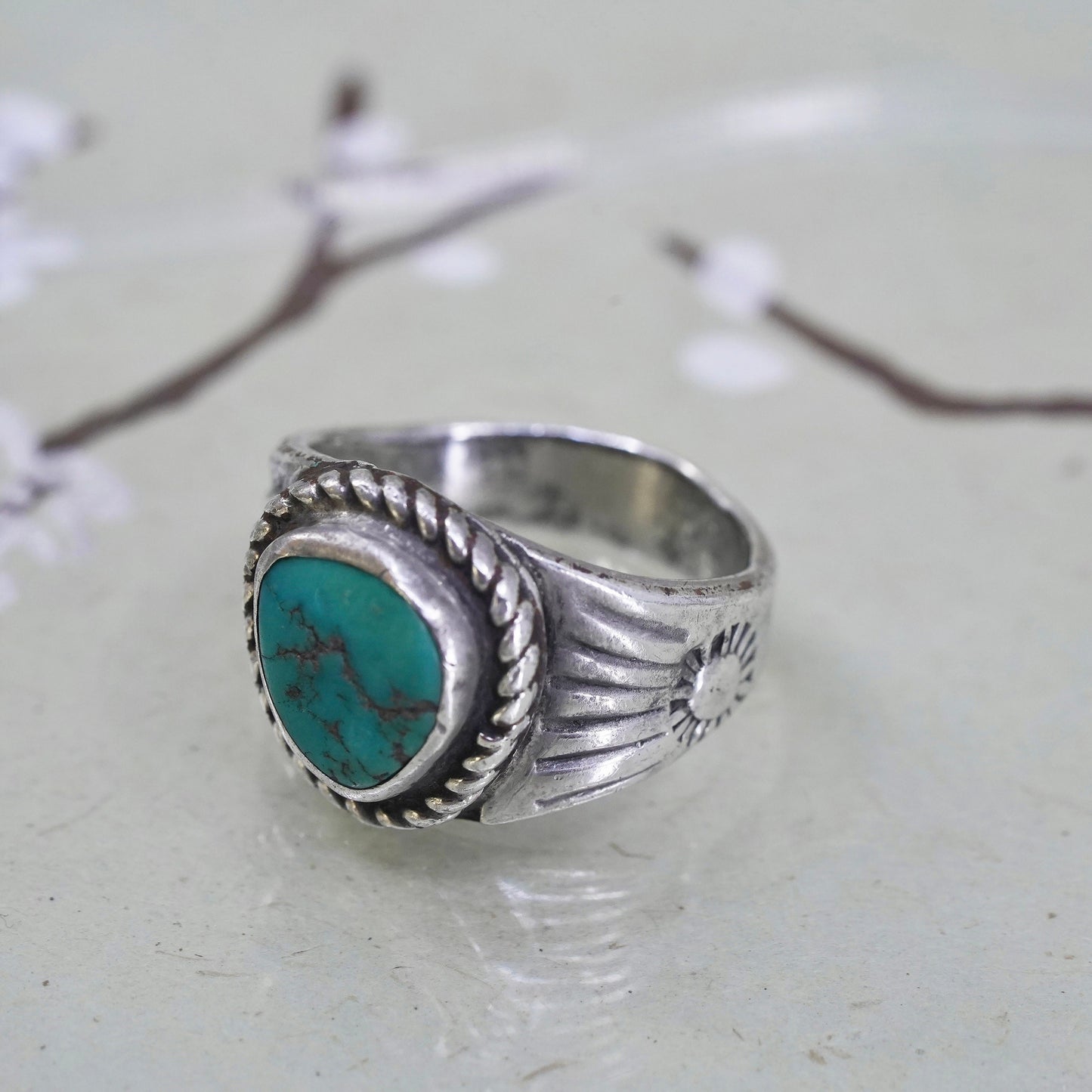 Size 8, Native American sterling 925 silver ring with turquoise, southwestern