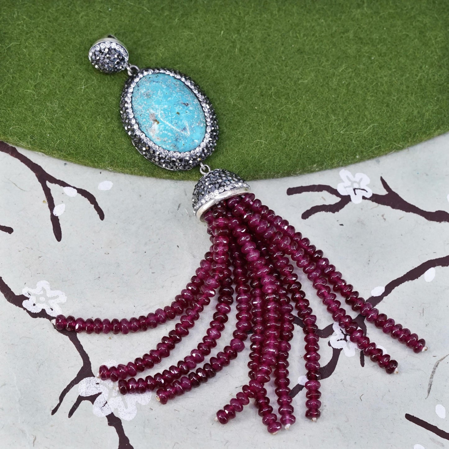 southwestern sterling 925 silver huge pendant turquoise garnet bead fringe, cz