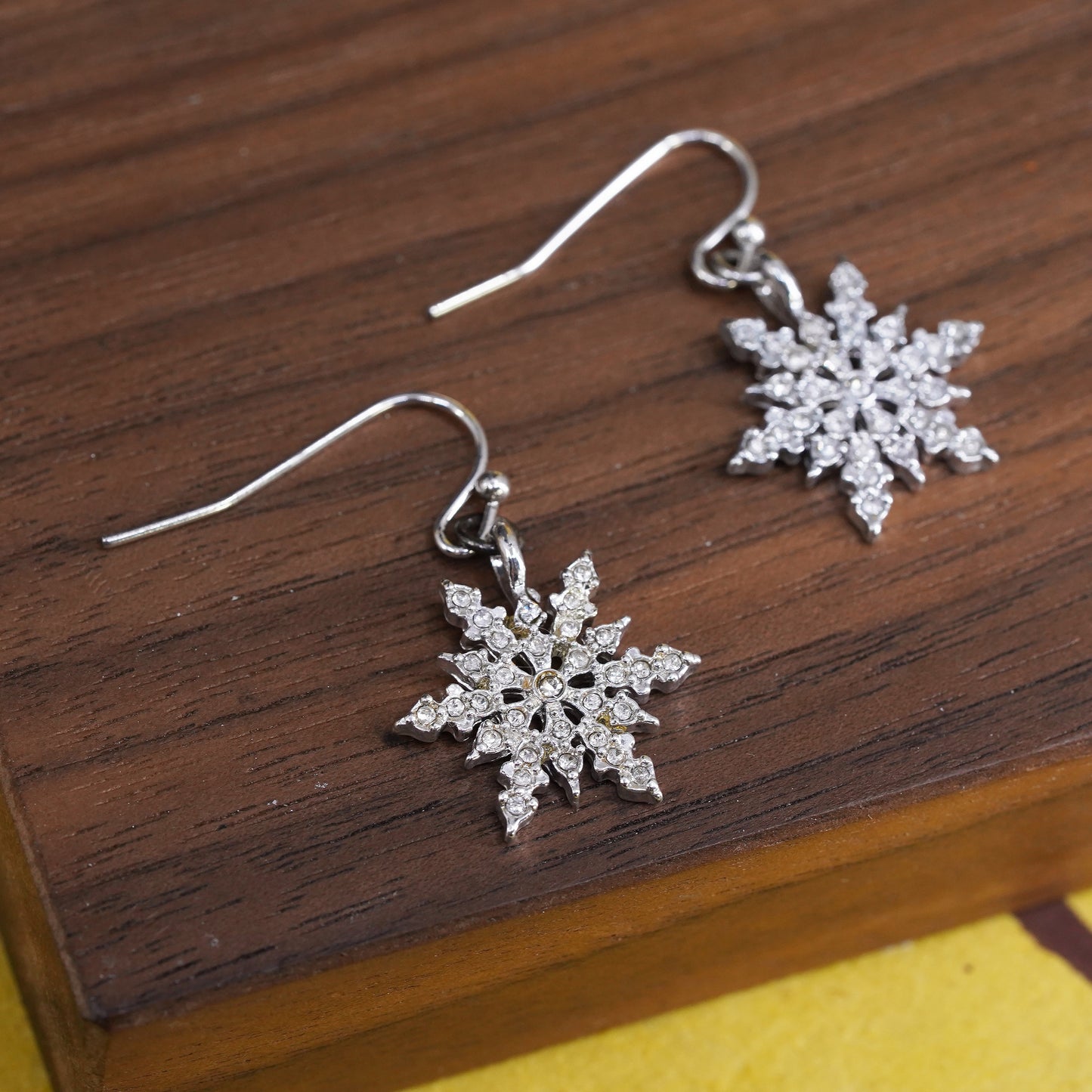 Vintage Sterling silver handmade earrings, 925 snowflake drops with cz