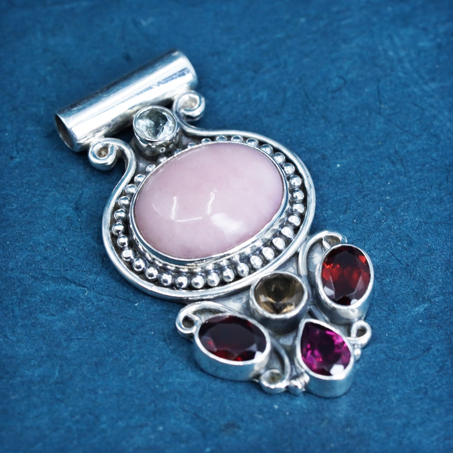 Vintage Sterling silver 925 handmade pendant, oval agate with ruby and beads