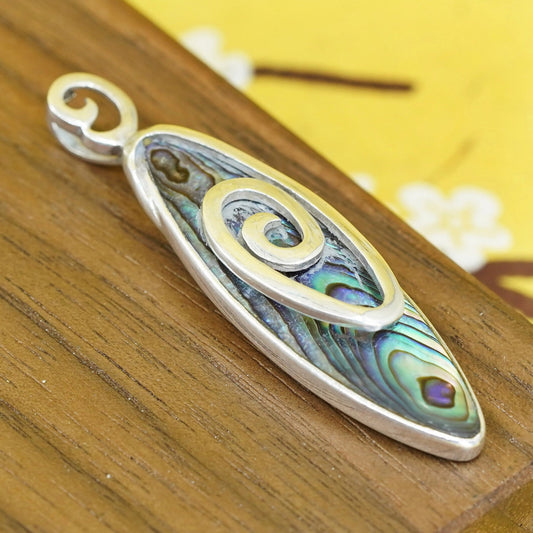 Sterling silver handmade pendant, solid Mexico 925 swirl with marquise abalone