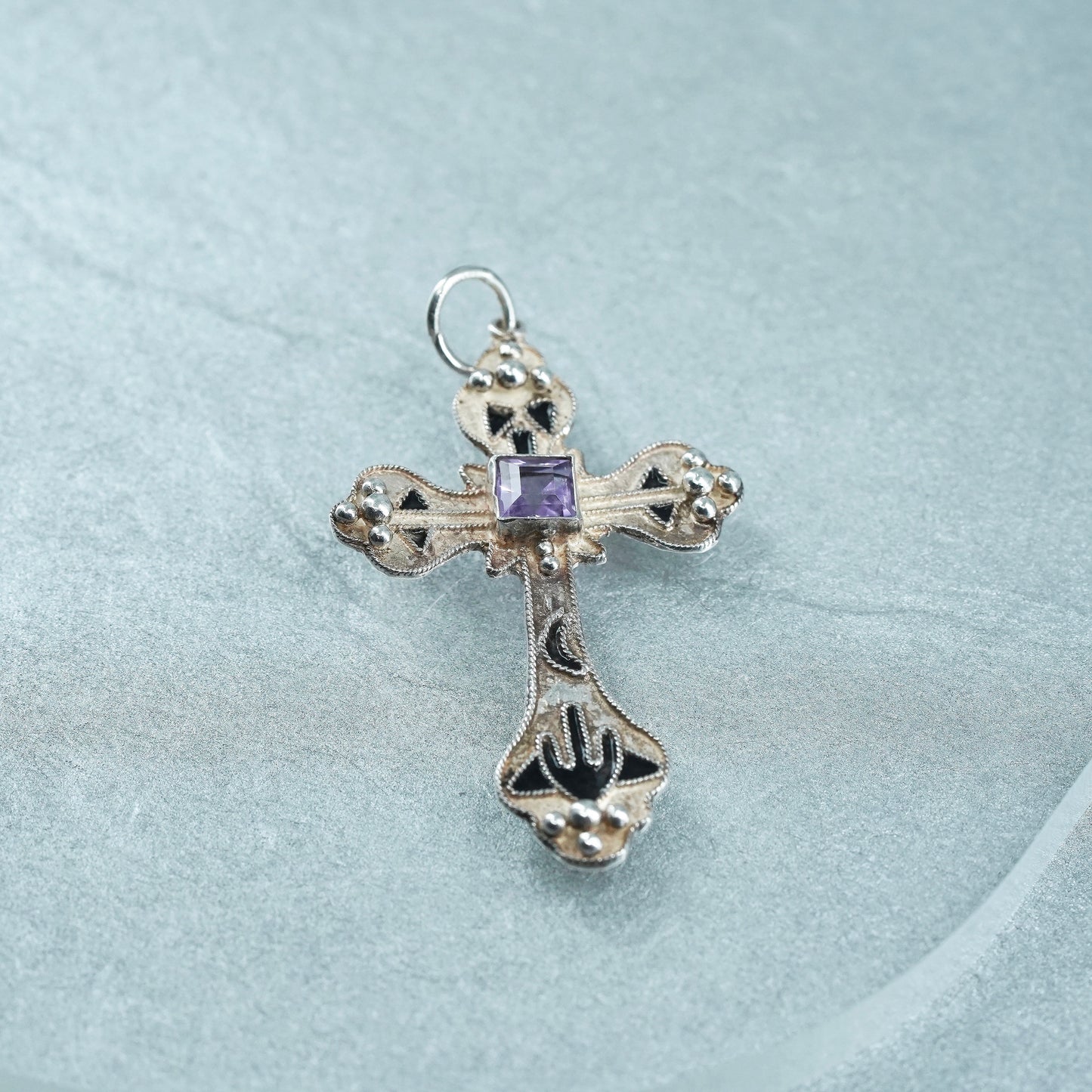 vintage sterling 925 silver handmade cross pendant with amethyst