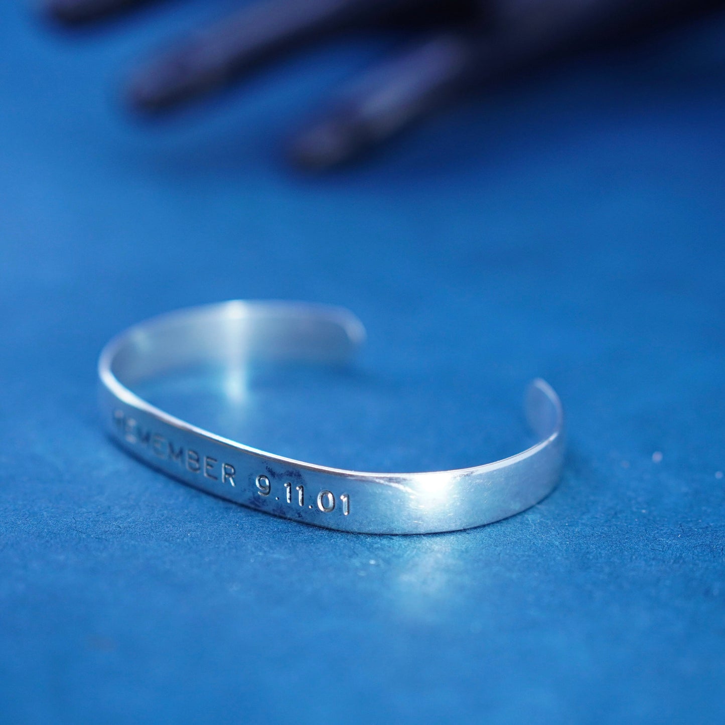 6.5”, sterling silver handmade bracelet, 925 hammered cuff “remember 9.11.01”