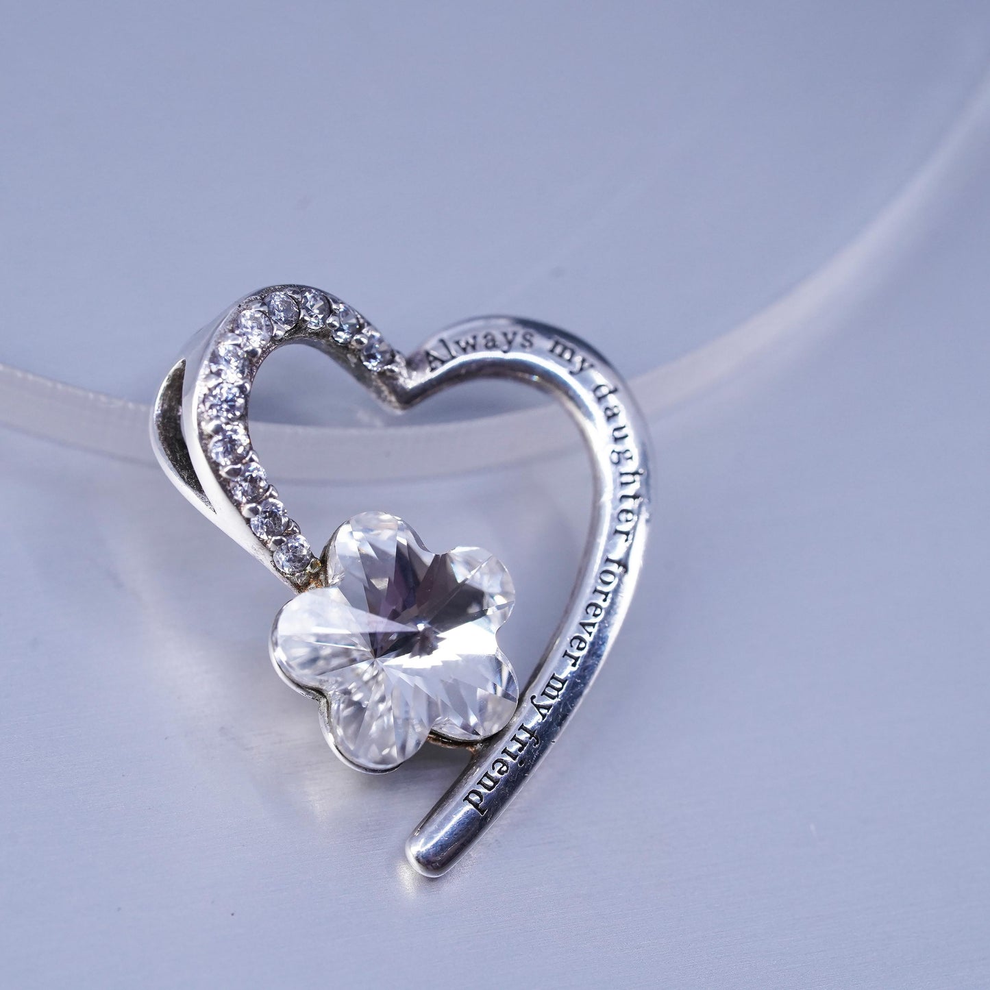 Sterling silver charm with cz flower, 925 heart tag “always my daughter friend”