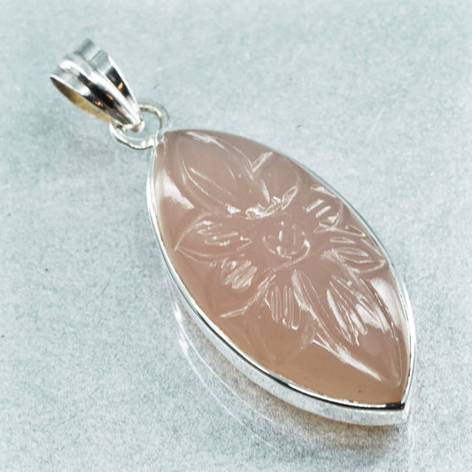 Vintage sterling 925 silver handmade pendant with rose quartz carved flower