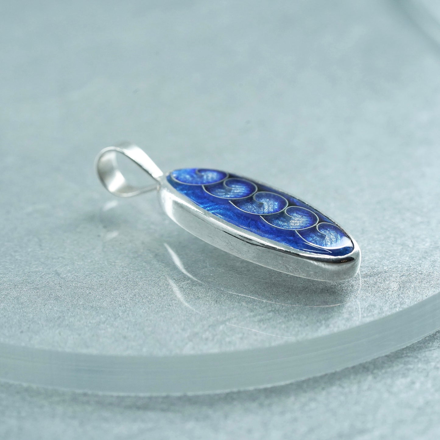 Vintage sterling 925 silver handmade blue enamel tag pendant