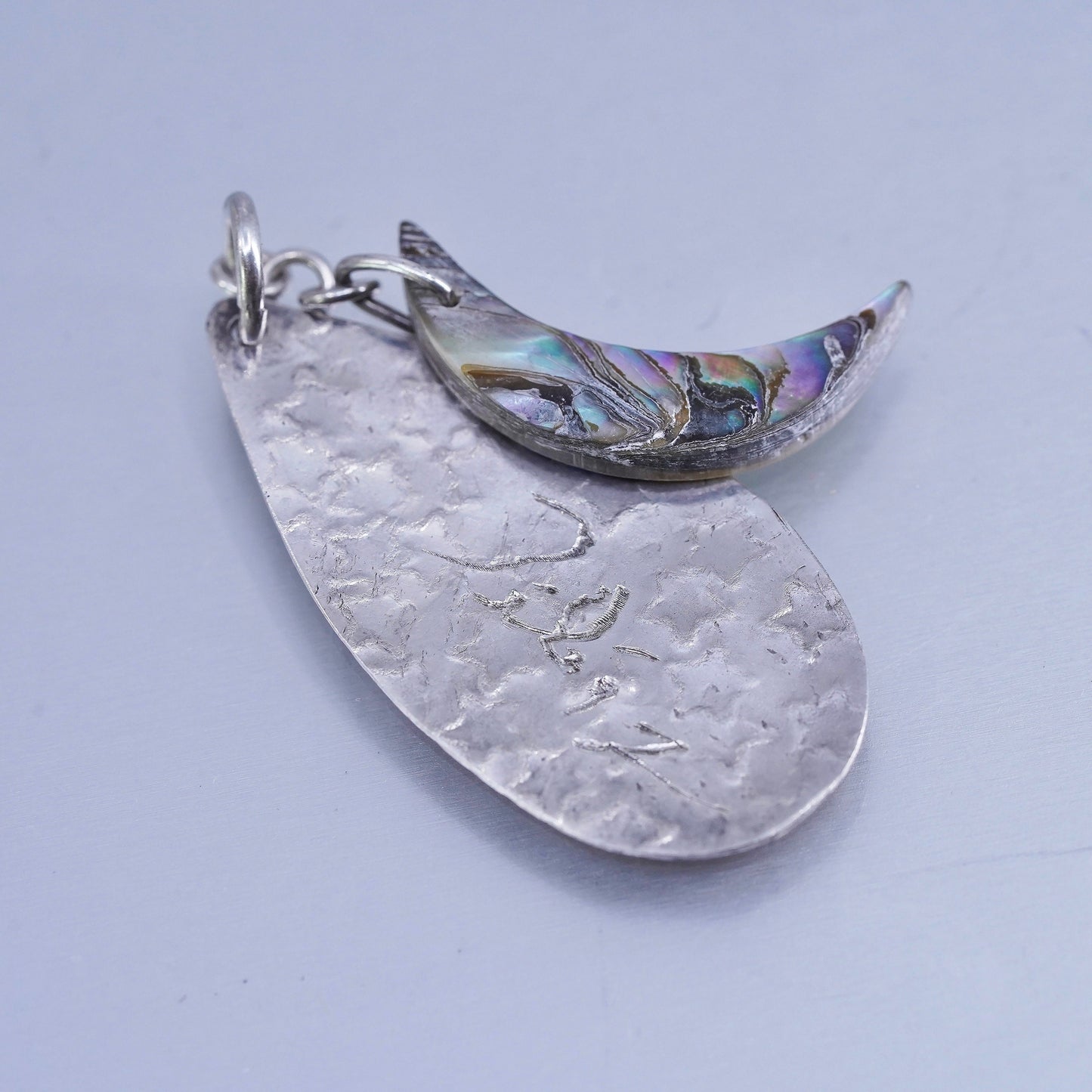 vintage Sterling silver 925 teardrop charm pendant embossed stars abalone moon