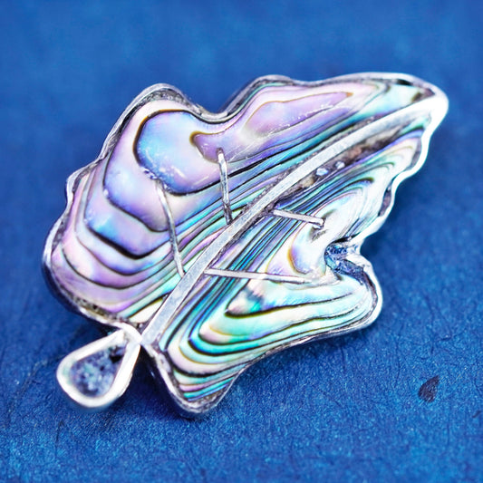 Vintage Taxco Sterling silver handmade brooch, 925 leaf pin with abalone Inlay, stamped 925 Taxco