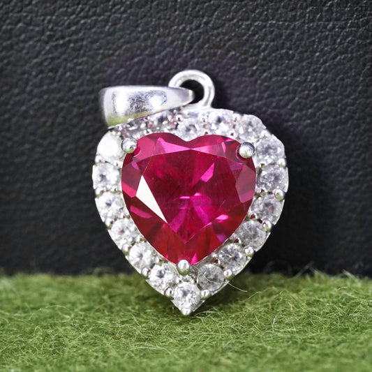 Vintage sterling silver pendant, 925 silver heart with ruby and cz around