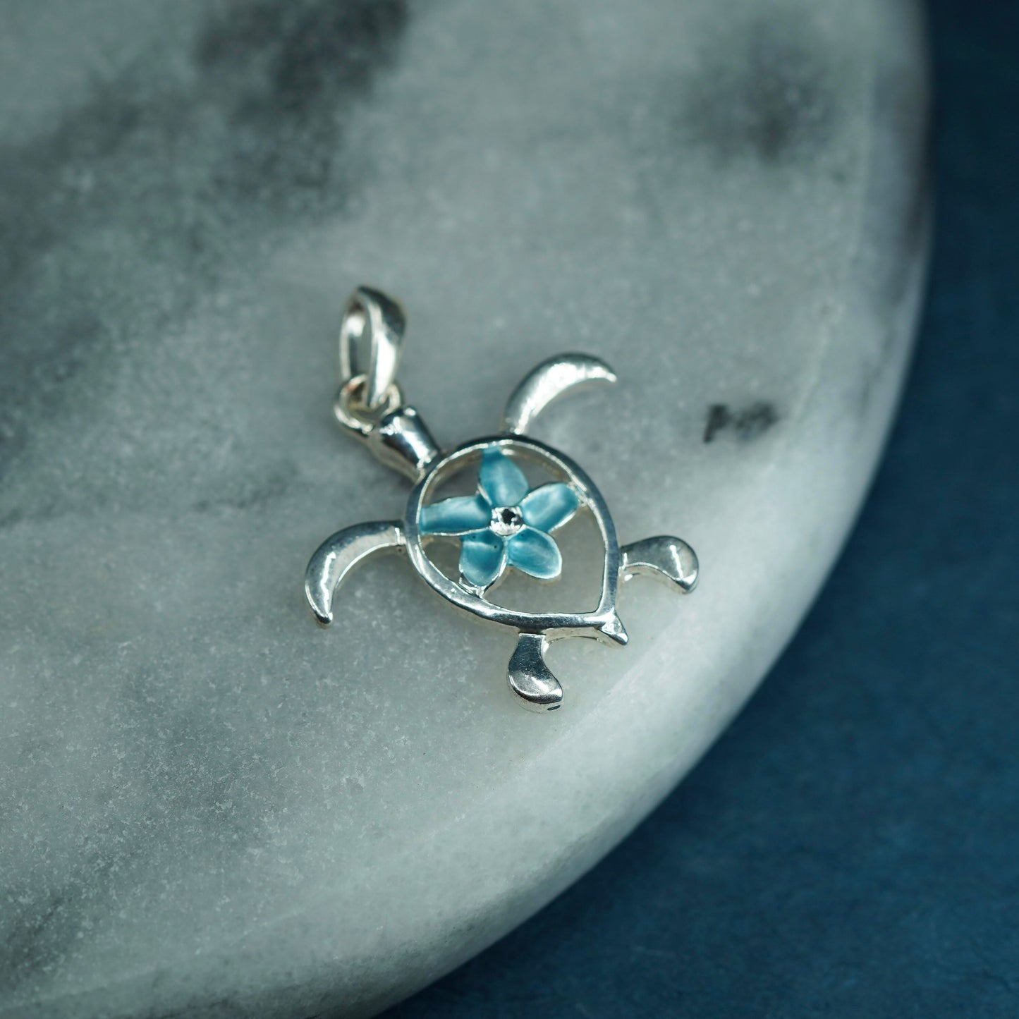 Sterling silver handmade pendant, 925 sea turtle charm with plumeria flower cz