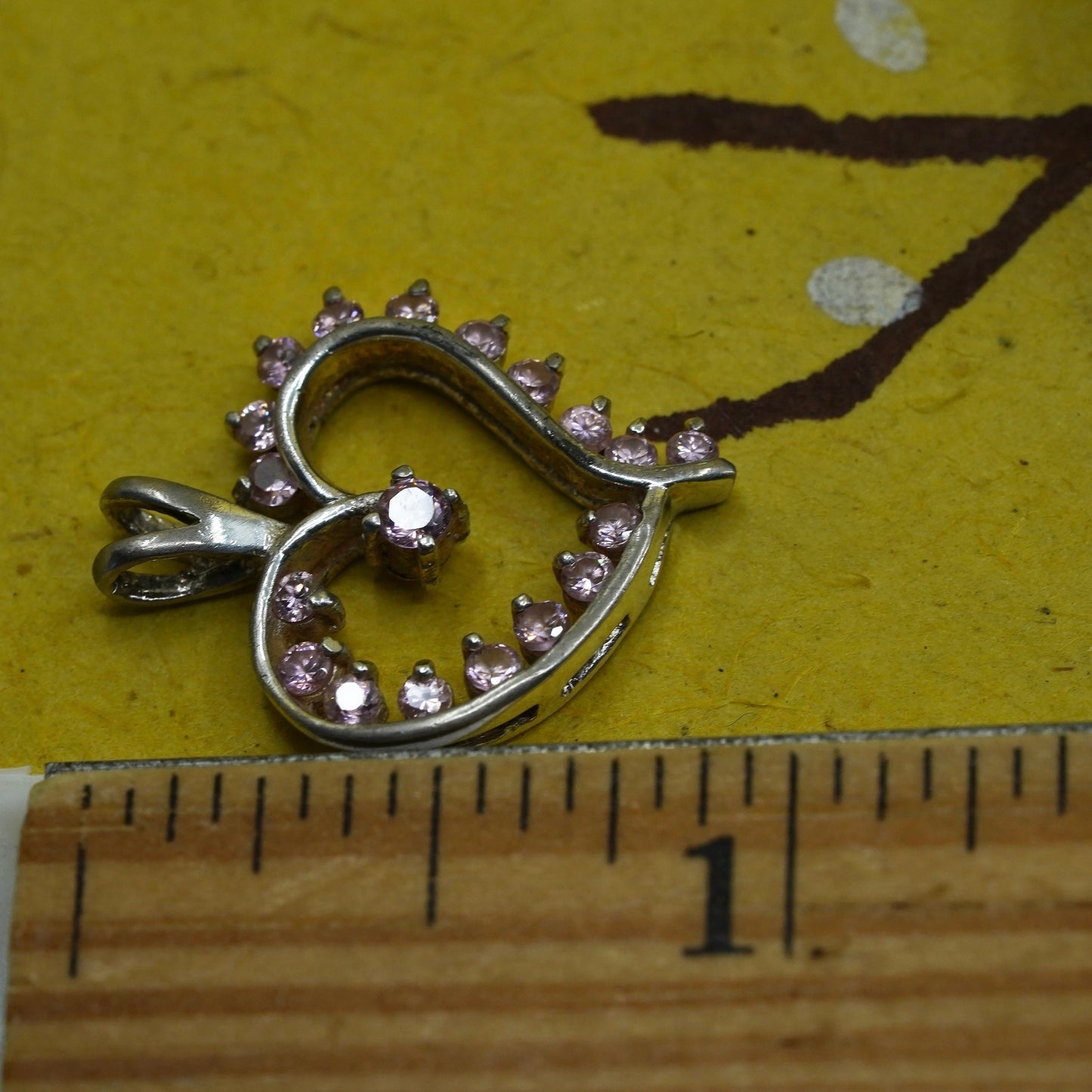 Vintage Sterling silver pendant, 925 heart pendant with pink crystal around