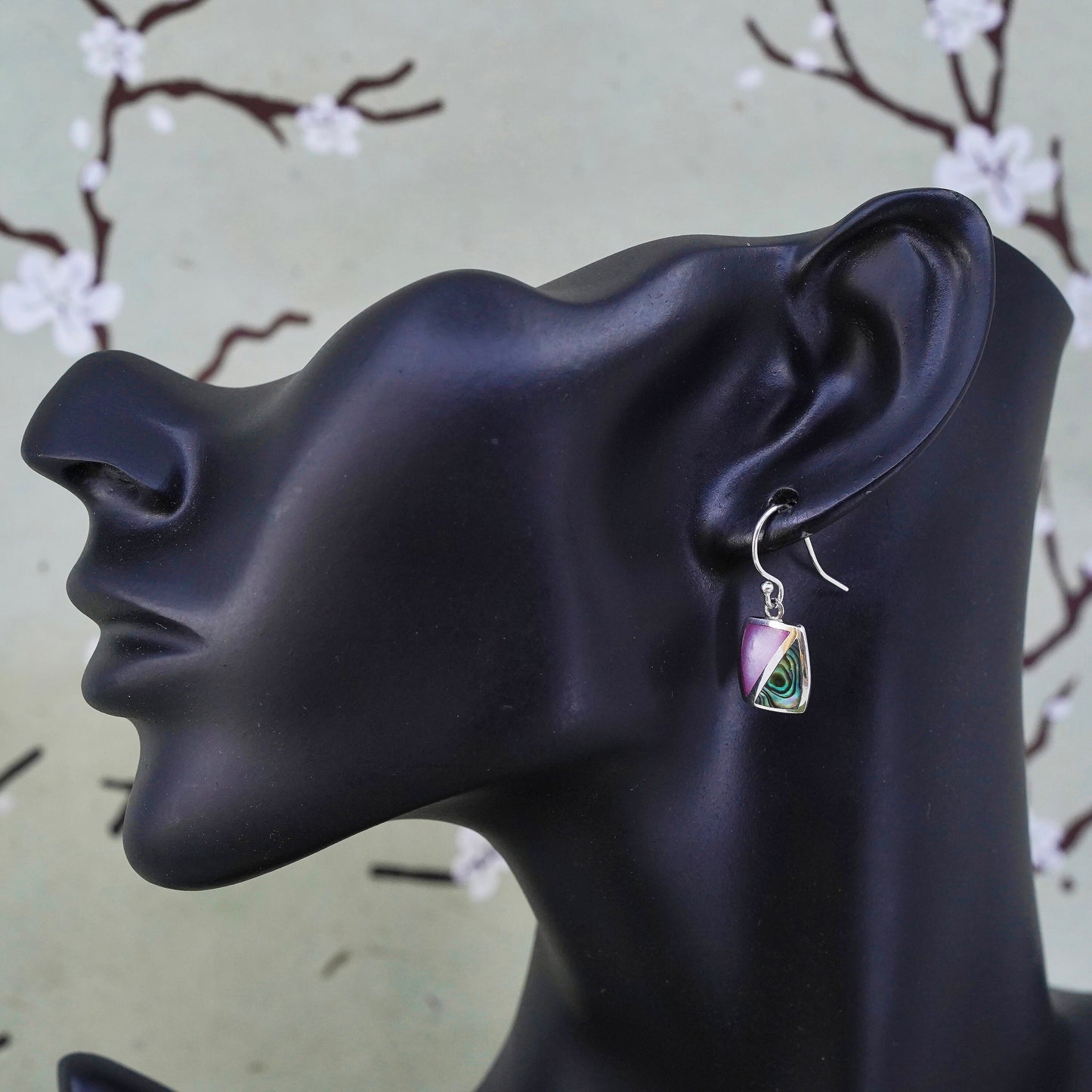 sterling silver earrings, 925 regtangular with abalone and pink mother of pearl