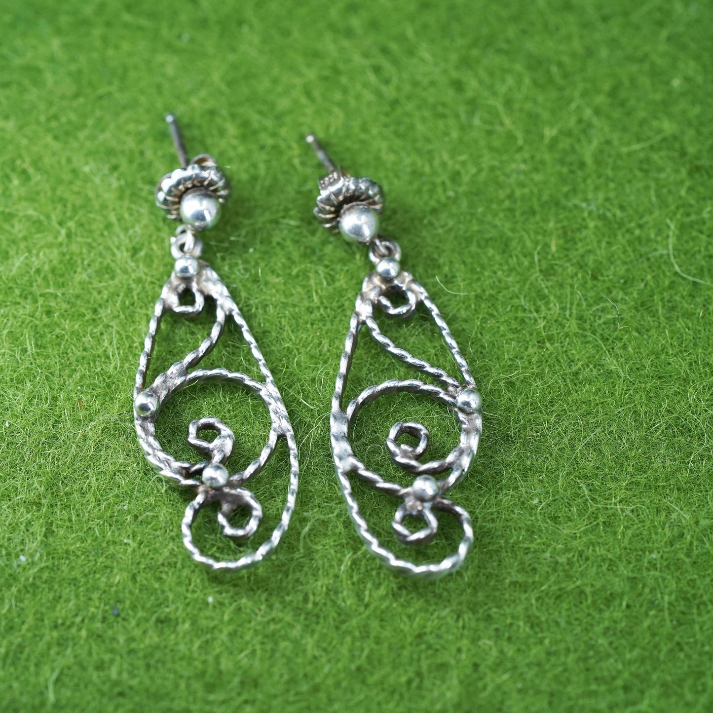 Vintage Sterling silver handmade earrings, 925 filigree sprial symbol