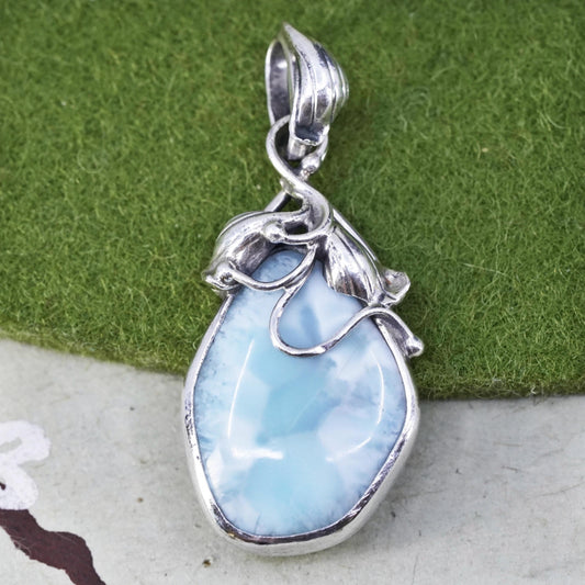 Vintage southwestern sterling 925 silver handmade pendant with Larimar leaves