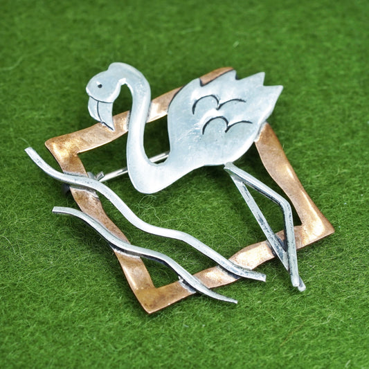 Mexico two tone sterling silver brooch 925 flamingo bird pin copper square