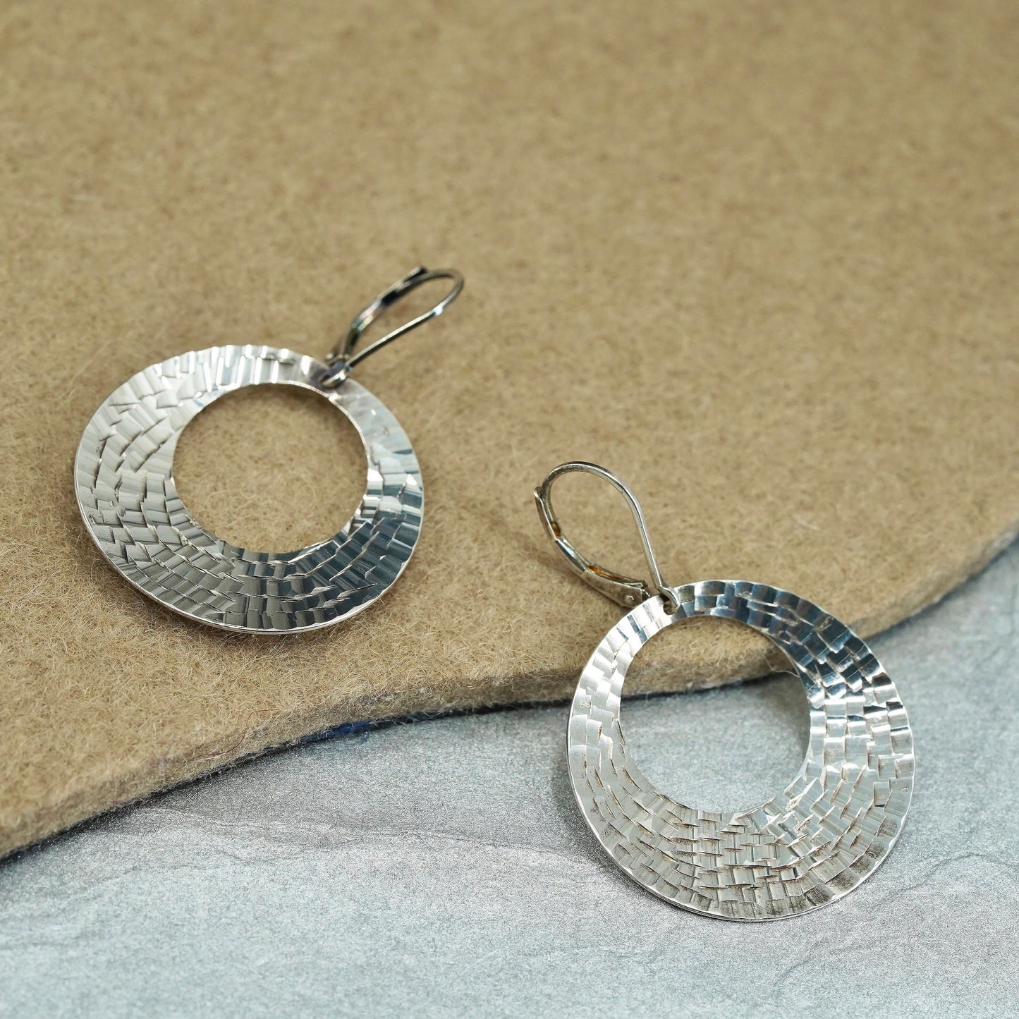 vintage Sterling silver handmade earrings, 925 hammered disc dangles