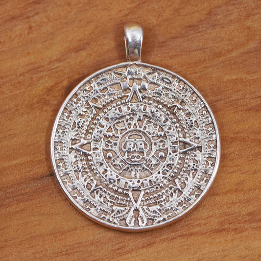 Mexican Sterling silver pendant, 925 double sided circle tag Mayan calendar