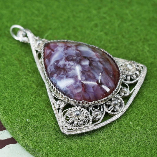 sterling silver 925 handmade filigree pendant with teardrop agate and flower