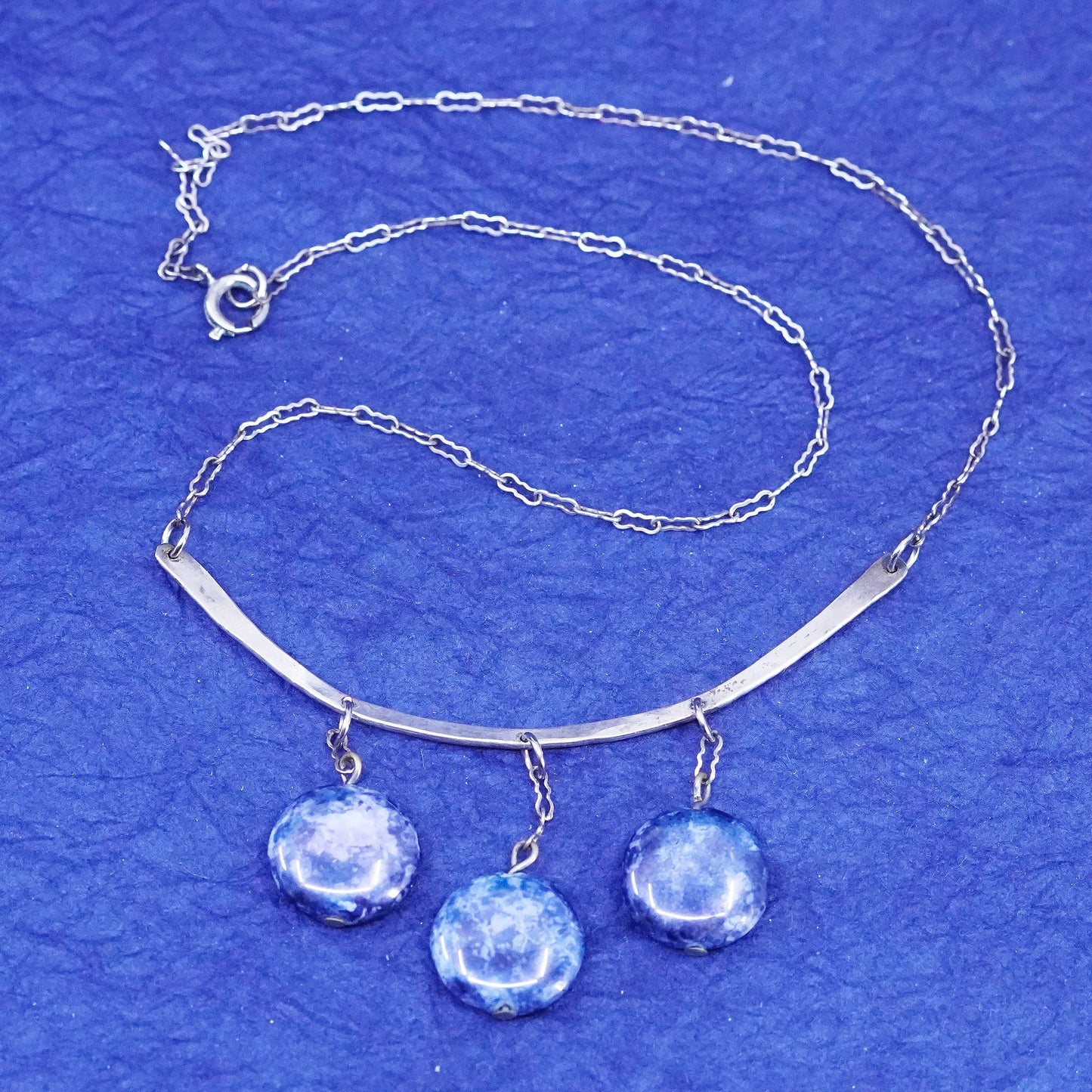 16”, Sterling silver necklace, 925 peanut chain with bar pendant sodalite beads