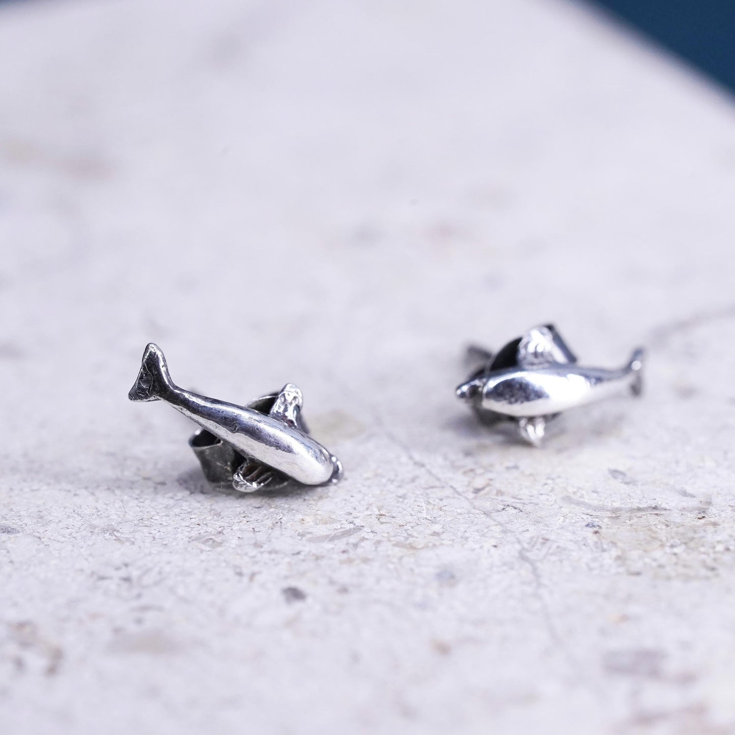 Vintage Sterling silver handmade earrings, 925 dolphin studs