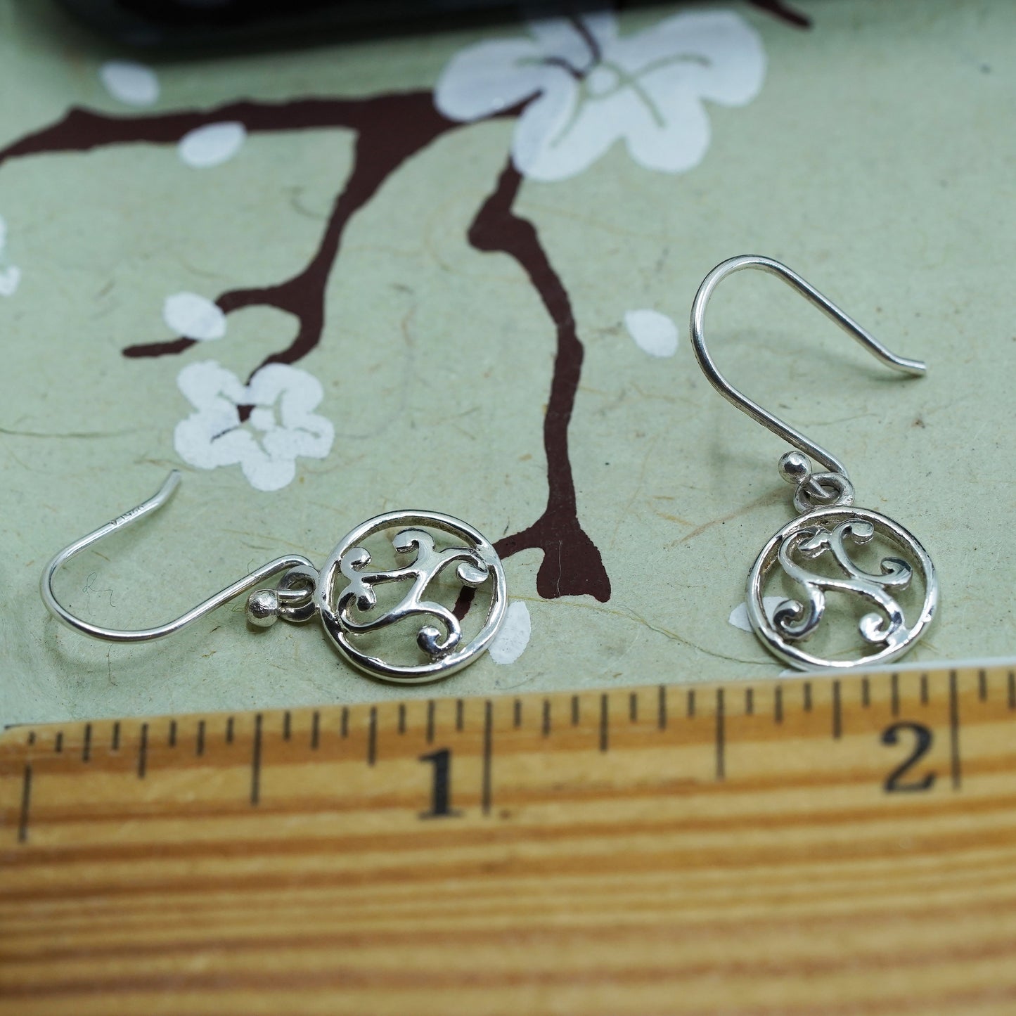 Sterling silver handmade earrings, modern 925 circle disc dangles swirly detail